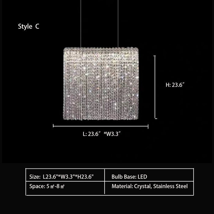 Style C: L23.6"*W3.3"*H23.6" pendant,crystal tassel,crystal,silk,long table,dining table,kitchen bar,kitchen island,dining bar,rectangle,square,modern,luxury,stainless steel,collection,dining room