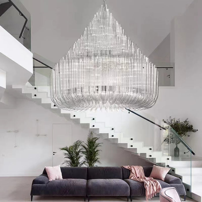 Lámpara de araña de tubos de cristal transparente con niveles modernos extragrandes para sala de estar/vestíbulo del hotel