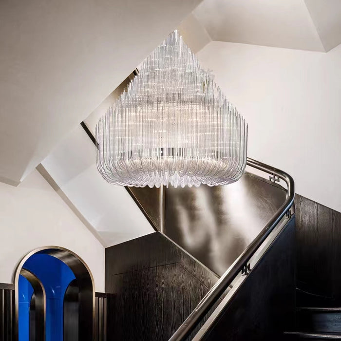 Lámpara de araña de tubos de cristal transparente con niveles modernos extragrandes para sala de estar/vestíbulo del hotel