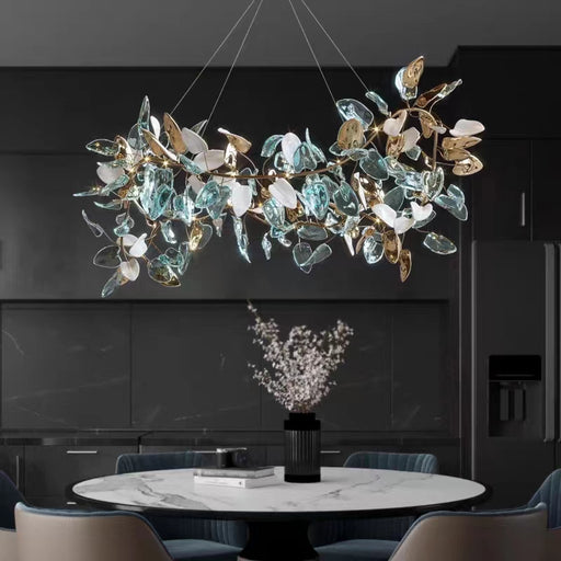 Custom Project Chandelier Metal Vine With Leaves,chandelier,chandeliers,lucite,brass,copper,branch,leaf,leaves,colorful,multi-color,round table,long table,big table,kitchen island,kitchen bar,dining bar,living room,entryance,hallway,foyer,tree,art,creative,pendant
