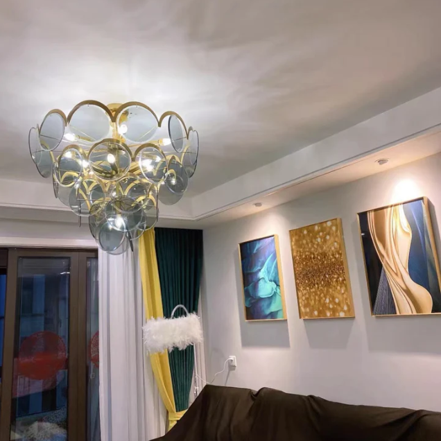 Lámpara de araña de la serie de piezas de vidrio en capas de arte posmoderno para sala de estar/comedor/dormitorio