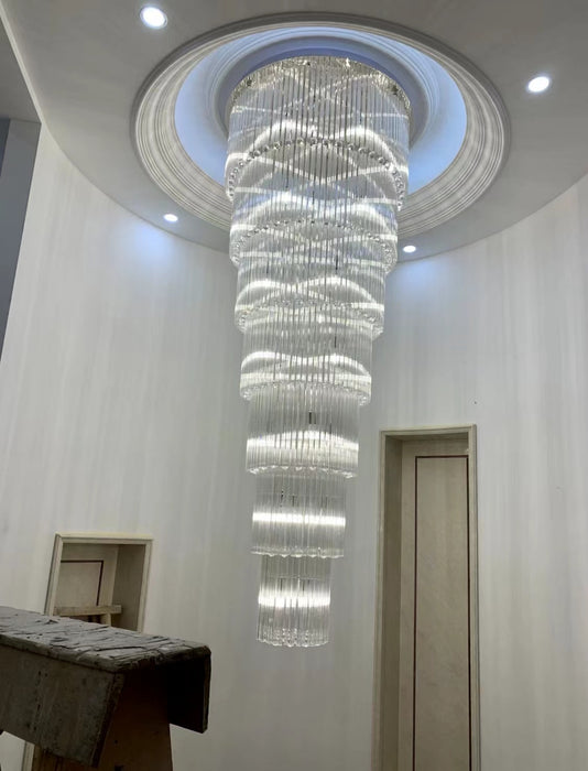 luxury, extra large, oversized,crystal, flush mount chandeliers, high-ceiling space,staircase, grand living room, duplex, luxurious 2-floor loft, entryway, deluxe, foyer and hotel lobby.