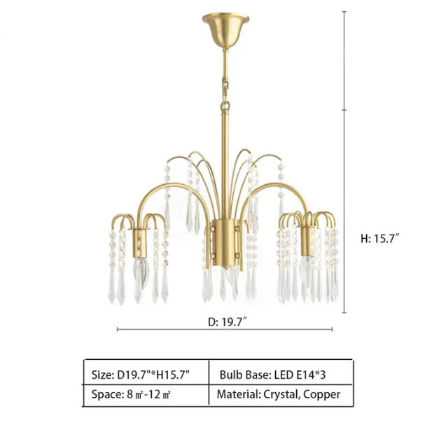 3Heads: D19.7"*H15.7" chandelier,chandeliers,candle,pendant,crystal pendant,branch,copper,brass,ceiling,luxury,crystal,gold,living room,dining room,bedroom,hallway,entryance