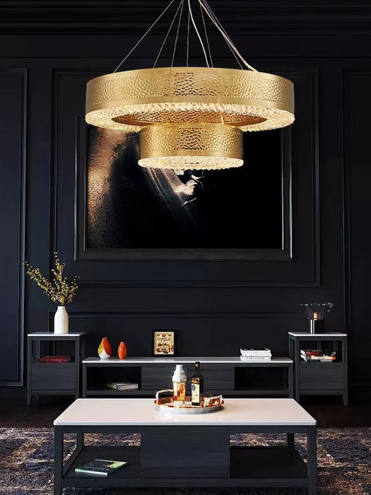 crystal, stainless steel, light luxury, post-modern, tiered, Titanium Gold, living room, dining room, round, hollow