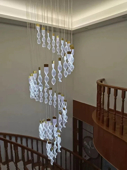spiral, staircase, adjustable, acrylic, DNA, living room, indoor, extra large, chandelier, creative, luxury, wire, gold