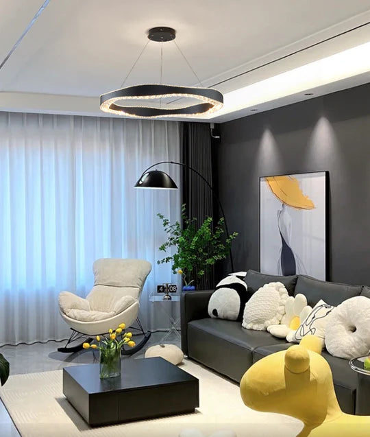 Modern Minimalist Art Wave Crystal Chandelier Suit in Black Finish for Living Room & Dining Room 