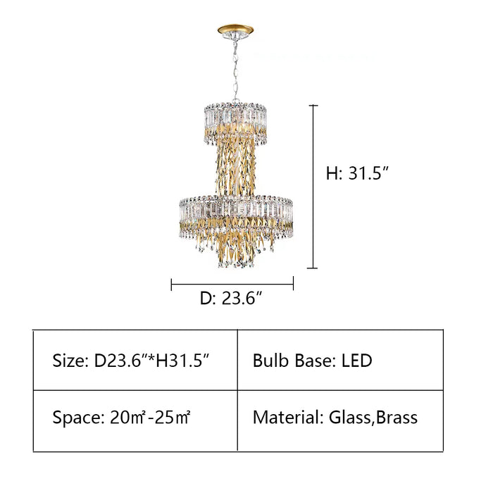 D23.6"*H31.5" Triandra Chandelier,chandelier,chandeliers,leaf,leaves,gold,crystal rod,rods,crystal,luxury,empire,two layers,large,oversized,big