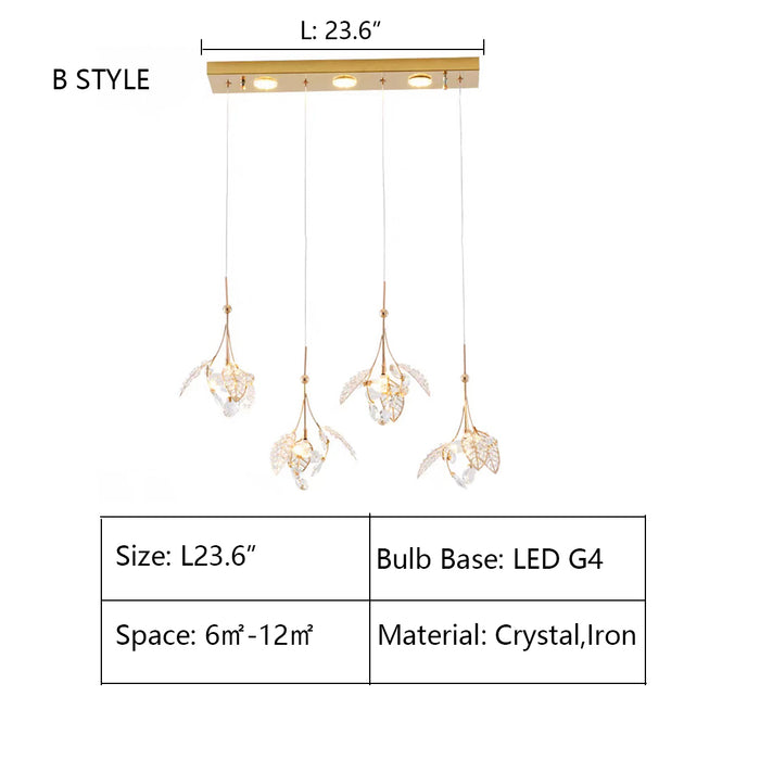 L23.6" chandelier,chandeliers,pendant,crystal,flower,leaf,living room,foyer,staircase,stairs,gold,silver,chrome,iron,dining table,kitchen island,big table,long table,bar