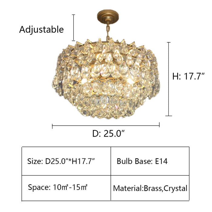 D25.0"*H17.7" crystal,chandelier,chandeliers,brass,metal,gold,chrome,silver,raindrop,kitchen island,layers,multi-tier