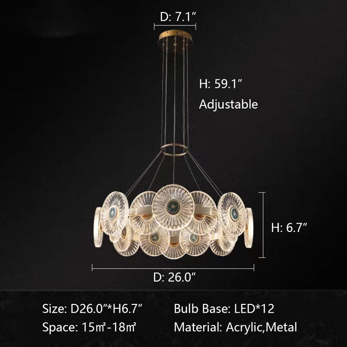 D26.0"*H6.7" chandelier,chandeliers,gold,luxury,round,ring,circle,long table,kitchen island,dining bar,dining table,big table,foyer,hallway,entrys.entryway,tiers,2 layers,multi-tier,pieces,art,acrylic,metal