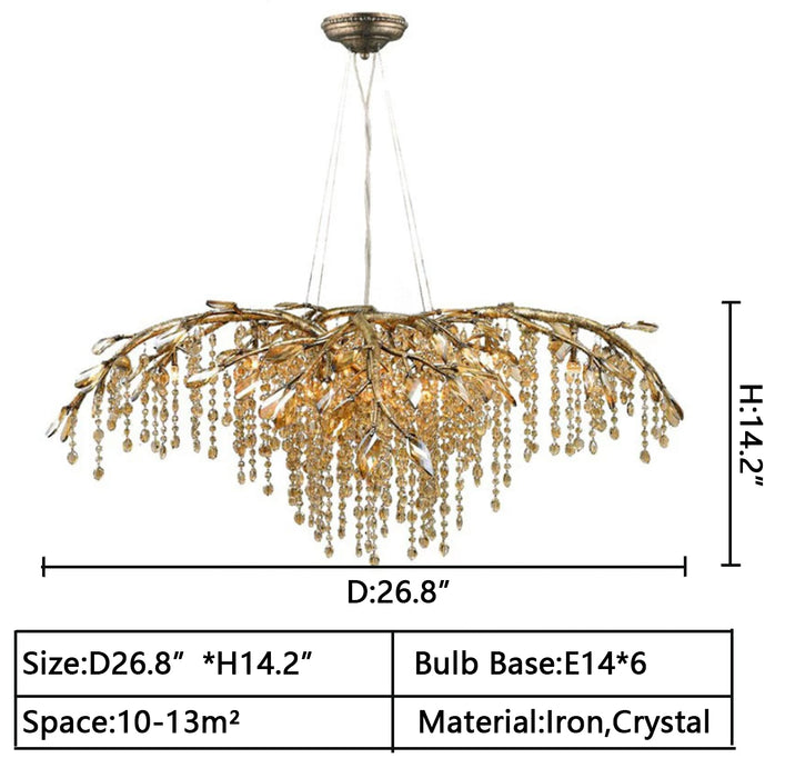 D26.8"*H14.2" chandelier,chandeliers,branch,pendant,iron,crystal,living room,kitchen island,big table,long table