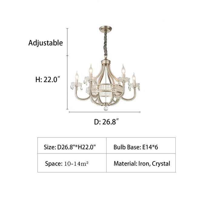 D26.8"*H22.0" chandelier,chandeliers,candle,silver,iron,crystal,raindrop,living room,dining room