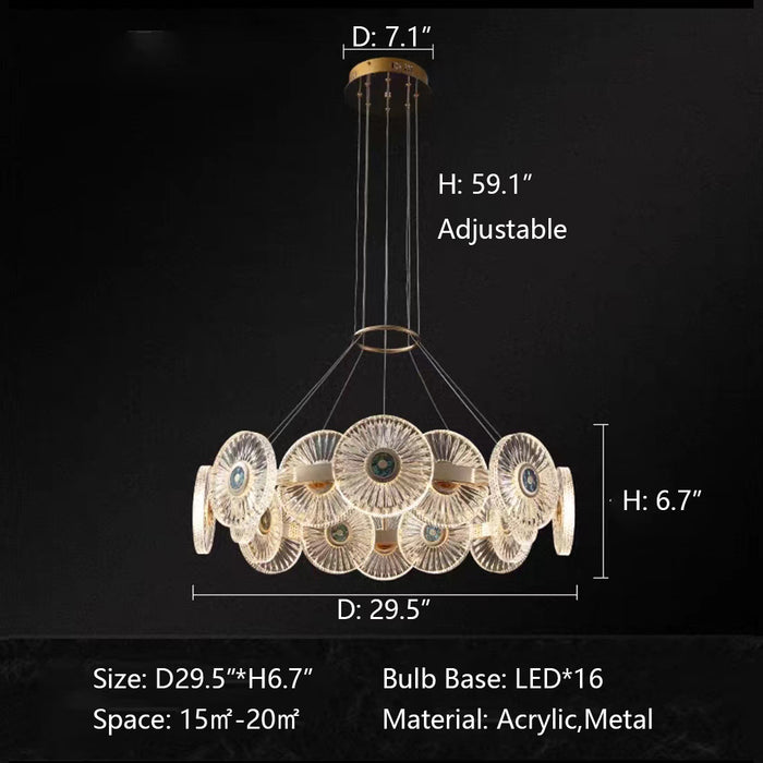 D29.5"*H6.7" chandelier,chandeliers,gold,luxury,round,ring,circle,long table,kitchen island,dining bar,dining table,big table,foyer,hallway,entrys.entryway,tiers,2 layers,multi-tier,pieces,art,acrylic,metal