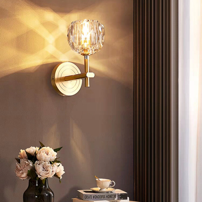Lámpara de pared de cristal K9 de lujo, luz de noche de dormitorio de cobre puro/latón moderno, lámparas de decoración de escaleras