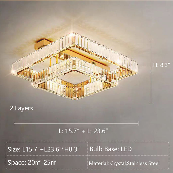 2Layers: L15.7"+L23.6"*H8.3" chandelier,chandeliers,crystal rod,square,multi-tier,tiers,layers,rectangle,living room,flush mount,ceiling,gold,luxury,modern,bedroom,foyer,entrys