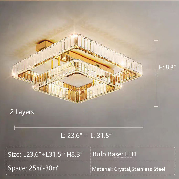 2Layers: L23.6"+L31.5"*H8.3" chandelier,chandeliers,crystal rod,square,multi-tier,tiers,layers,rectangle,living room,flush mount,ceiling,gold,luxury,modern,bedroom,foyer,entrys