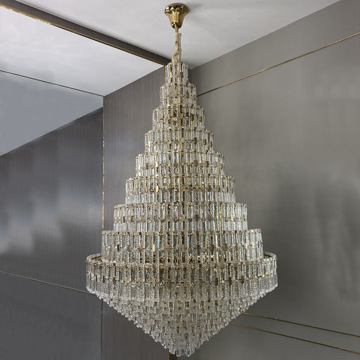 chandelier,foyer, living room, staircase,oversized, extra large, shining, crystal, multi-tiered, golden,luxury