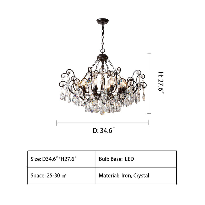 D34.6"*H27.6" chandelier,chandeliers,light luxury,pendant,dining room,bedroom,candle,black iron,crystal