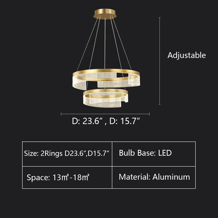 2Rings: D23.6",D15.7" chandelier,chandeliers,aluminum,gold,adjustable,Acrylic lampshade，dining table,round,ring,circle,round table,big table,long table,light fixture,living room,bar,cafe,dining room,foyer,entryway