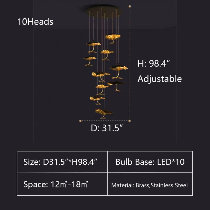 D31.5"*H98.4" chandelier,chandeliers,lotus,multi-tier,staircase,spiral staircase,high-ceiling room,art,brass,huge,oversize,long table,big table,dining table,Gold Moon LED Chandelier