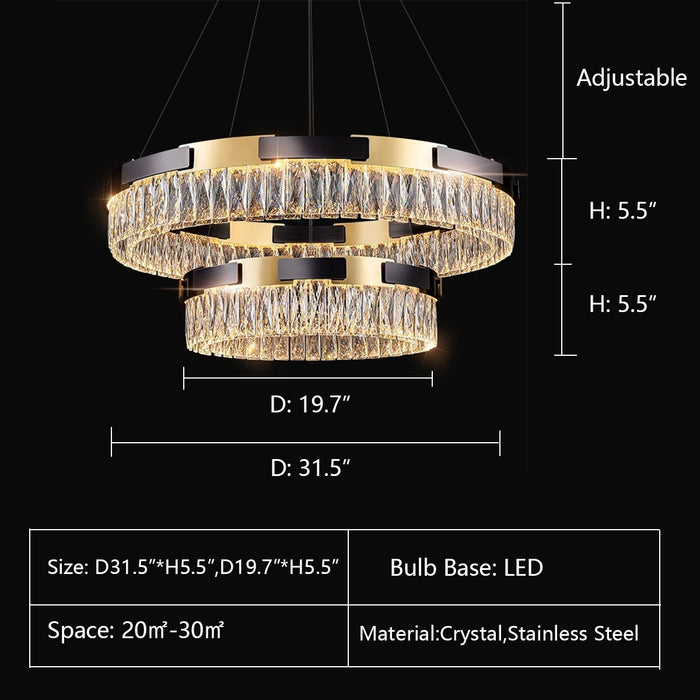 D31.5"*H5.5"+D19.7"*H5.5" chandelier,chandeliers,stainless steel,crystal,k9 crystal,chain,rectangle,round,2 layers,long table,big table,kitchen island,luxury