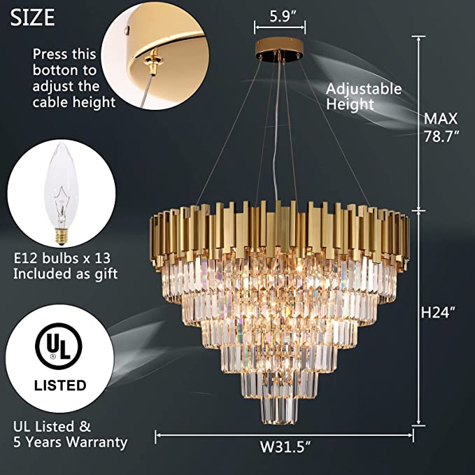 Lámpara de araña de cristal de varios niveles, redonda/ovalada, grande y de lujo, ligera, para sala de estar/comedor/escalera