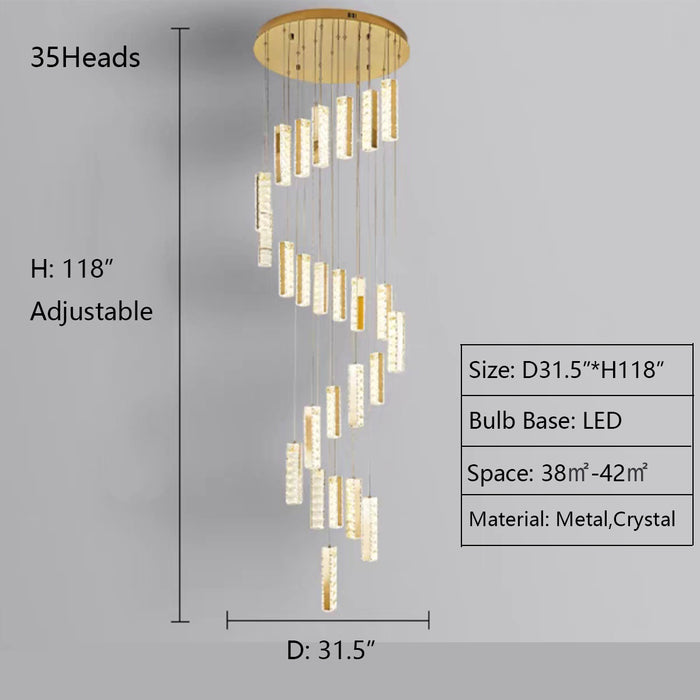 35Heads: D31.5"*H118.0" chandelier,chandeliers,ceiling,flush mount,pendant,rectangle,round,spiral,crystal,metal,brass,stainless steel