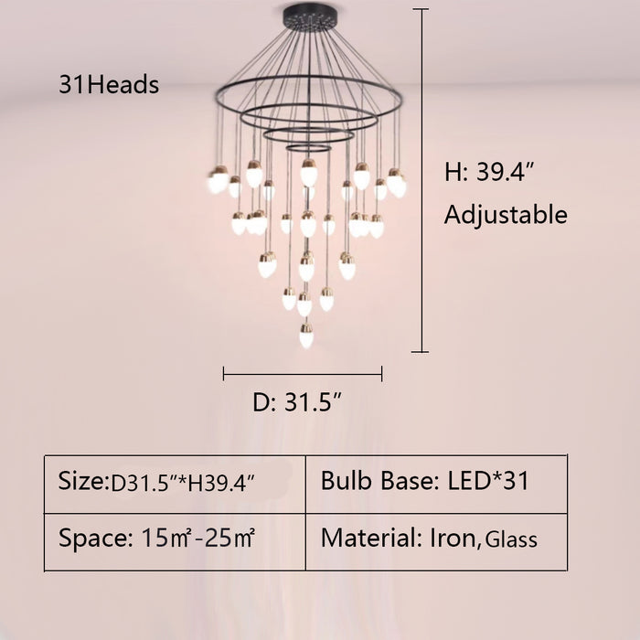 31Heads: D31.5"*H39.4" Drape Multi-Tier Chandelier,chandelier,chandeliers,layers,multi-tier,minimalist,designer recommended,designer style3,staircase,long,big,huge,large,black iron