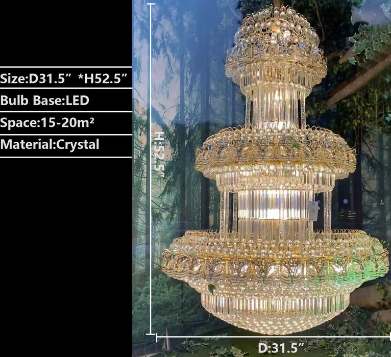 D31.5"*H52.5" European style oversized crystal chandelier，3-layers round crystal light for 2-story/duplex buildings foyer/staircase/hallway/enytrway/living room,coffee shop,restaurant,hotel lobby