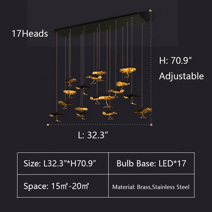L32.3"*H70.9" chandelier,chandeliers,lotus,multi-tier,staircase,spiral staircase,high-ceiling room,art,brass,huge,oversize,long table,big table,dining table,Gold Moon LED Chandelier