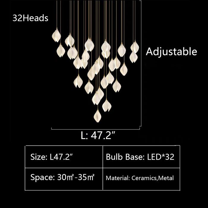 32Heads: L47.2" chandelier,chandeliers,flower,ceramic,metal,pendant,dining table,long table,big table,staircase,spiral staircase,high-ceiling living room,bedside