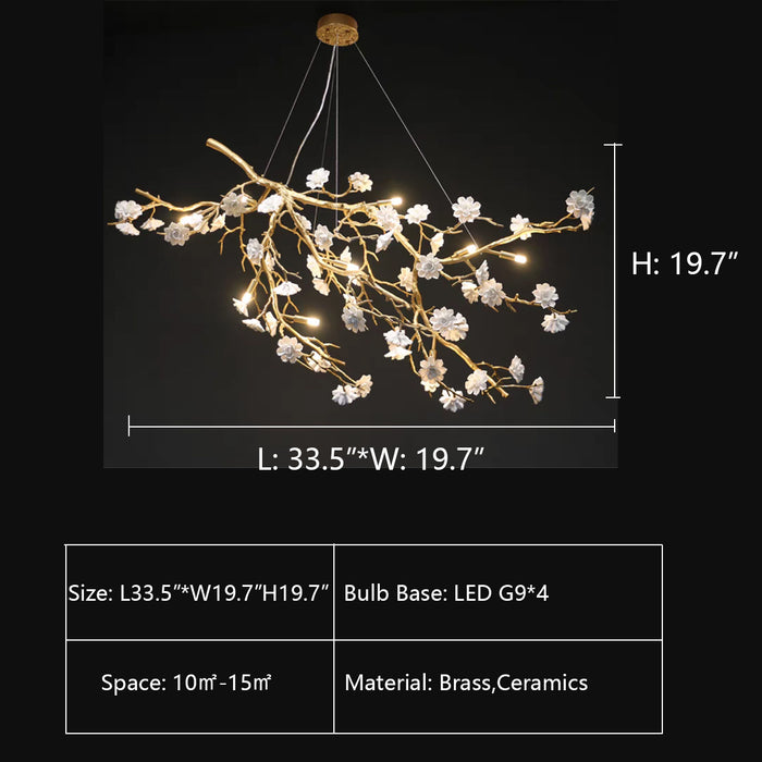 L33.5"*W19.7"*H19.7" chandelier,chandeliers,branch,flower,white,oversize,large,big,huge,extra large,long table,big table,kitchen island,dining table,brass,ceramics