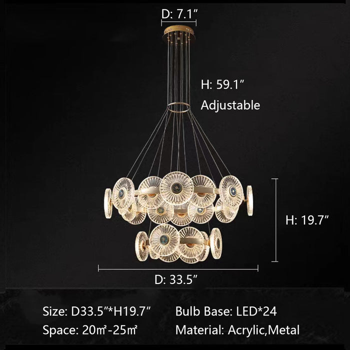 D33.5"*H19.7" chandelier,chandeliers,gold,luxury,round,ring,circle,long table,kitchen island,dining bar,dining table,big table,foyer,hallway,entrys.entryway,tiers,2 layers,multi-tier,pieces,art,acrylic,metal
