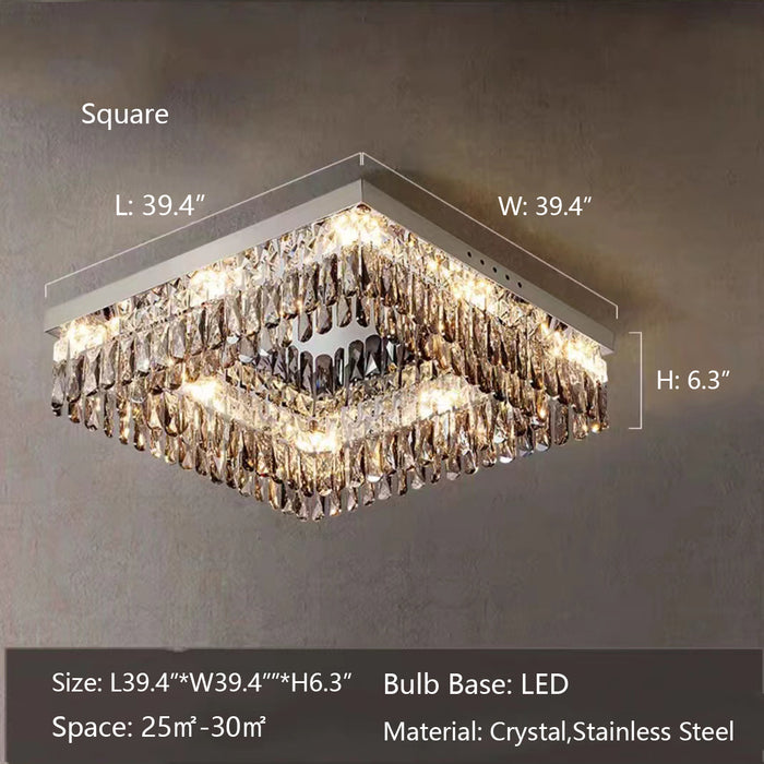 L39.4"*W39.4"*H6.3" chandelier,chandeliers,flush mount,ceiling,crystal,smoky gray,stainless steel,square,rectangle,mirror,bedroom,living room,dining room,hallway,check room
