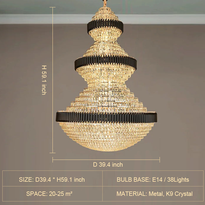 Lampadario moderno in cristallo di ferro nero per la lampada da soffitto dal design lussuoso della scala dell'atrio
