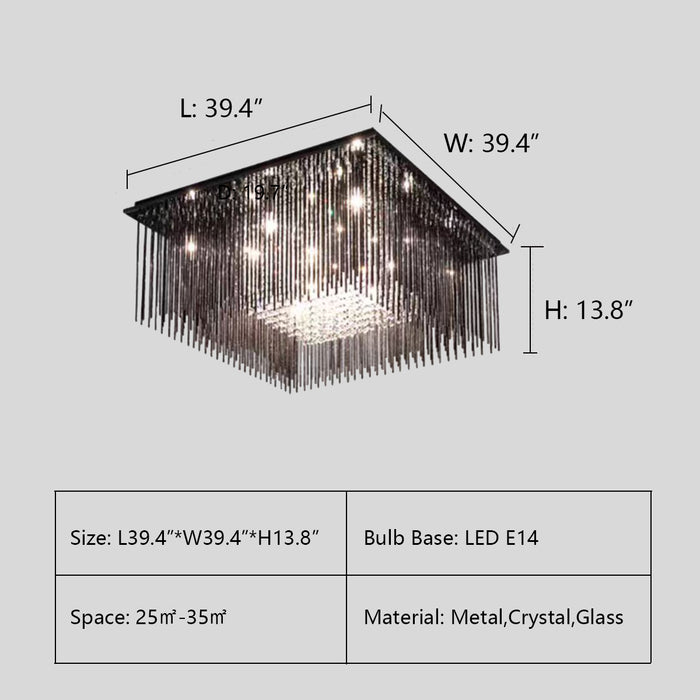 Square: L39.4"*W39.4"*H13.8" chandelier,chandeliers,ceiling,flush mount,glass,metal,crystal,black glass tassel,pendant,post-modern,black,tassel