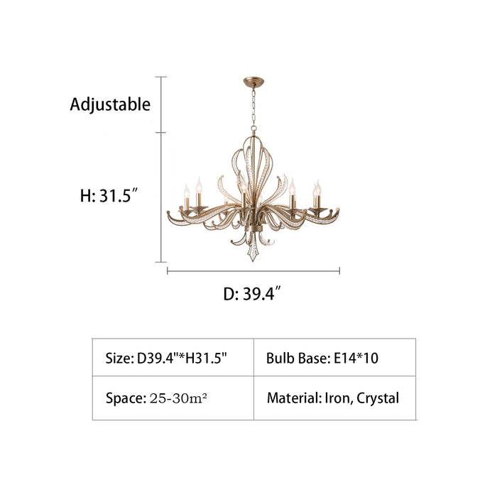 D39.4"*H31.5" chandelier,chandeliers,crystal chandelier,home depot chandeliers,candle,silver,vintage style,dining room light fixtures,chandelier light,iron