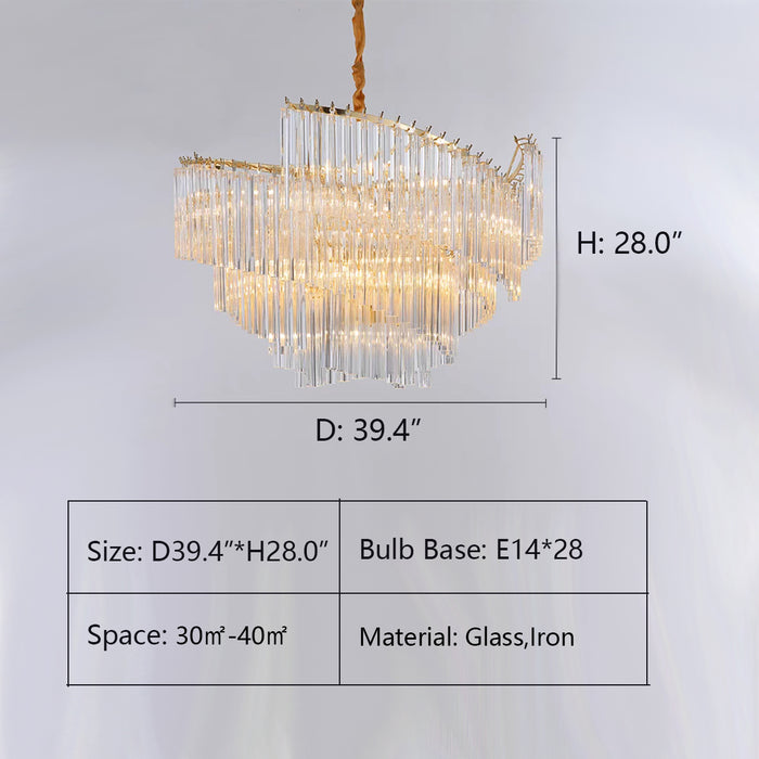 D39.4"*H28.0" chandelier,chandeliers,glass rods,gray,smoky gray,clear glass,tiers,layers,huge,big,oversize,extra large,big table