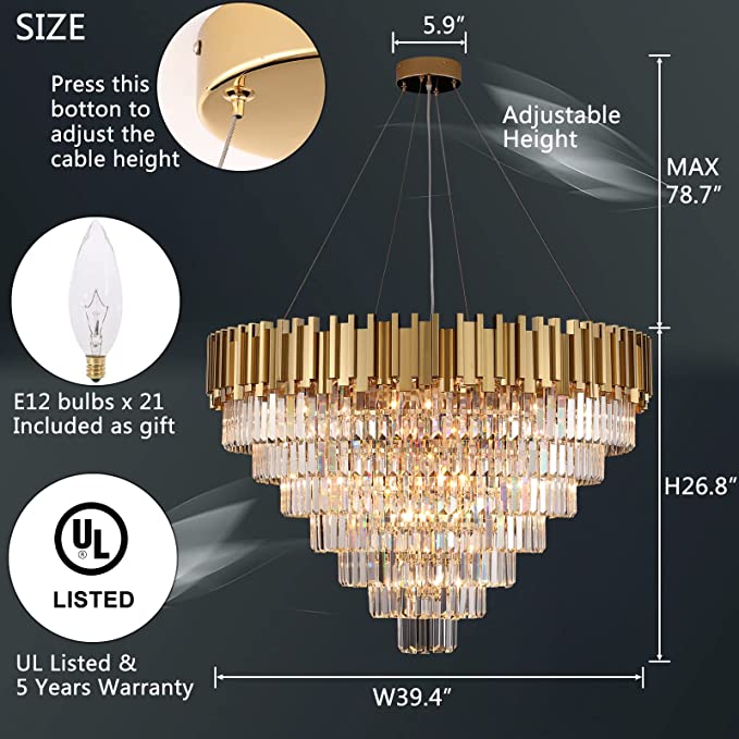 Lámpara de araña de cristal de varios niveles, redonda/ovalada, grande y de lujo, ligera, para sala de estar/comedor/escalera
