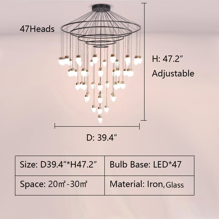 47Heads: D39.4"*H47.2" Drape Multi-Tier Chandelier,chandelier,chandeliers,layers,multi-tier,minimalist,designer recommended,designer style3,staircase,long,big,huge,large,black iron