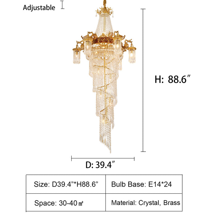 D39.4"*H88.6" chandelier,chandeliers,extra large,huge,big,staircase,spiral staircase,brass,crystal