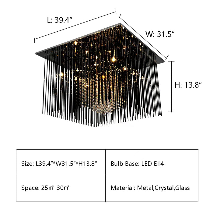 Rectangle: L39.4"*W31.5"*H13.8" chandelier,chandeliers,ceiling,flush mount,glass,metal,crystal,black glass tassel,pendant,post-modern,black,tassel