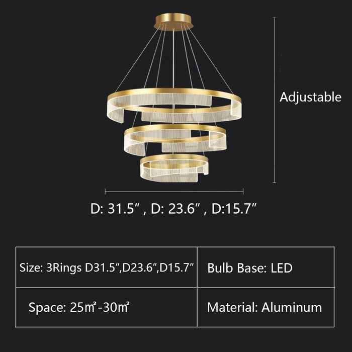 3Rings: D31.5",D23.6",D15.7" chandelier,chandeliers,aluminum,gold,adjustable,Acrylic lampshade，dining table,round,ring,circle,round table,big table,long table,light fixture,living room,bar,cafe,dining room,foyer,entryway