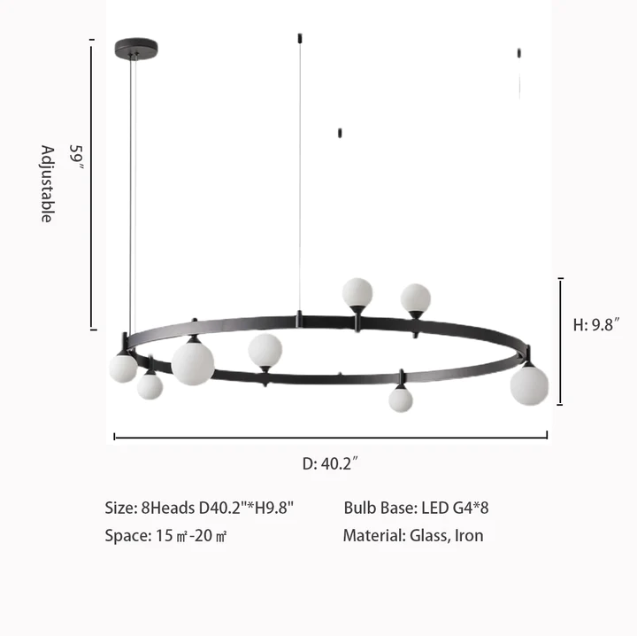 Round: 8Heads D40.2"*H9.8" chandelier,chandeliers,glass,white,iron,black,rings,round,circle,6 heads,8 heads,ceiling,living room,dining room,dining table,long table,kitchen island,kitchen bar,dining bar