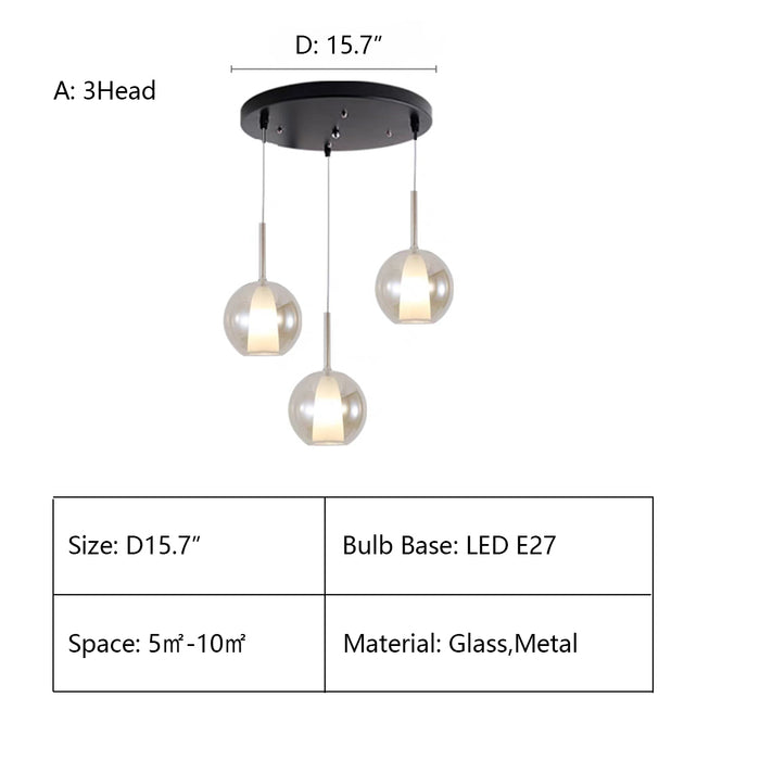 A: 3Heads D15.7" chandelier,chandeliers,glass,gray,clear,Cognac,metal,pendant,stairs,high-ceiling room,bedroom,kitchen island,big table,long table,entrys,foyer