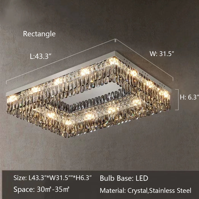 L43.3"*W31.5"*H6.3" chandelier,chandeliers,flush mount,ceiling,crystal,smoky gray,stainless steel,square,rectangle,mirror,bedroom,living room,dining room,hallway,check room