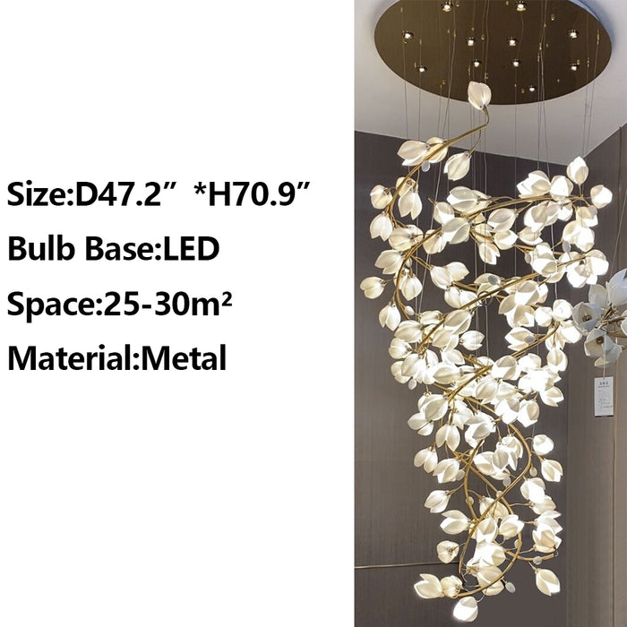 Candelabro de Magnolia blanco puro en espiral, creativo, con ramas doradas para escalera/espacio de techo alto/vestíbulo/dúplex, novedad de 2023