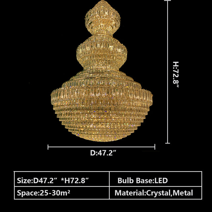 Lampadario di cristallo di lusso extra large multistrato dorato Lampadario rotondo impero per atrio/corridoio dal soffitto alto