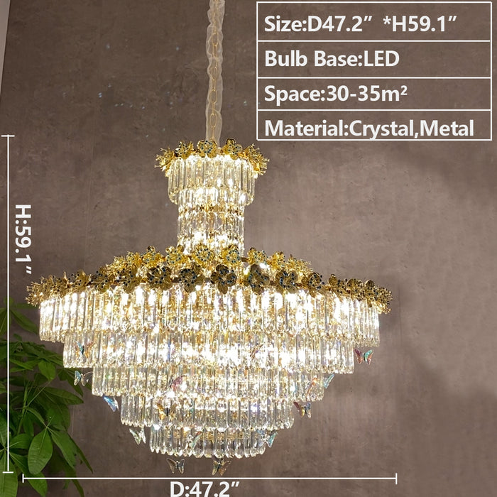 Modern Light Luxury Multi-tiered Round Ctystal Chandelier for Living Room/Staircase/Foyer， gold finish, butterfly ,flower,dimension