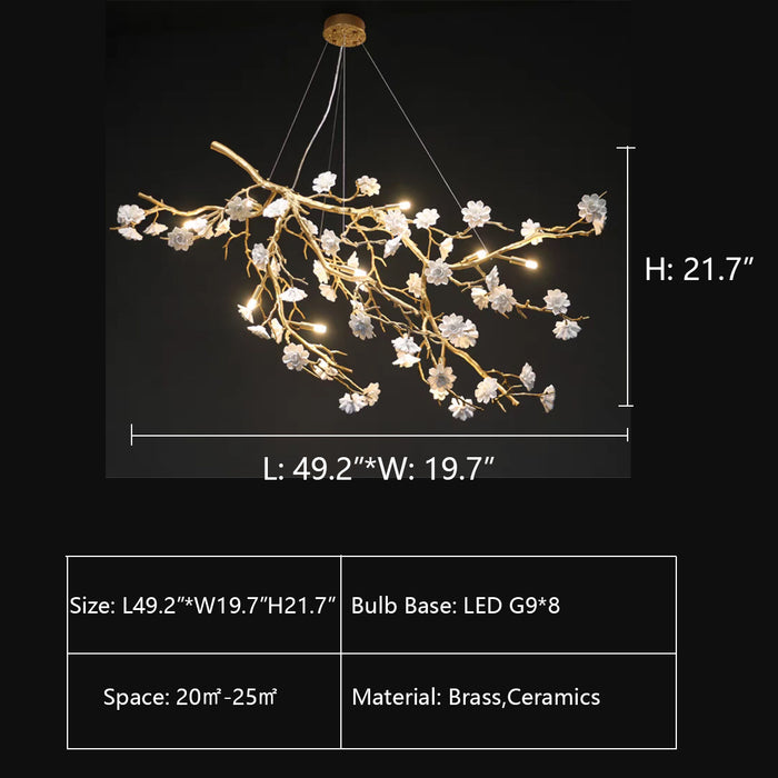 L49.2"*W19.7"*H21.7" chandelier,chandeliers,branch,flower,white,oversize,large,big,huge,extra large,long table,big table,kitchen island,dining table,brass,ceramics